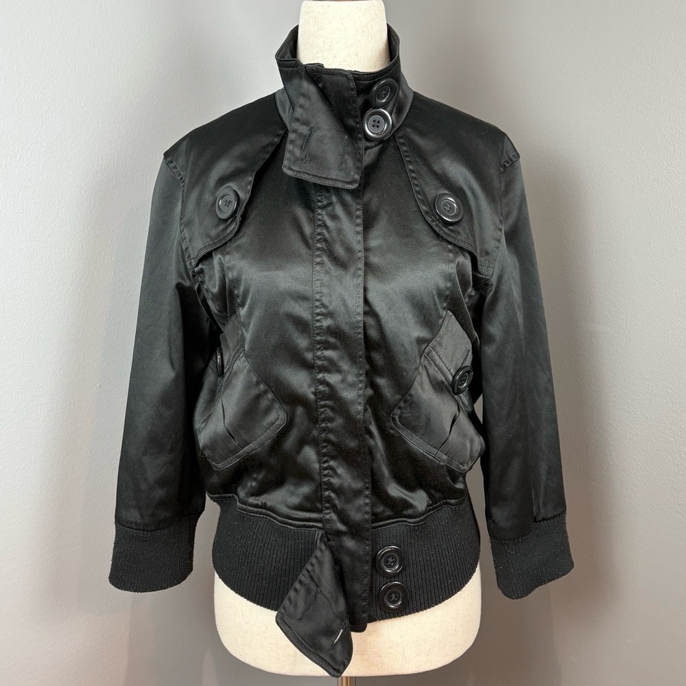 Y2K Deb Bomber Jacket Size M 3/4 Sleeves Black Satin Pockets Buttons Retro Vibe